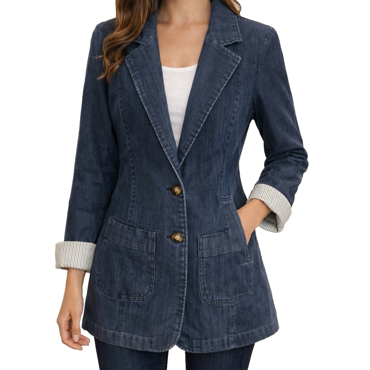 Baccini Sz L 2 Button Blue Denim Jean Jacket Stripe Rolled Sleeve Collar Pockets